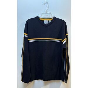 Point Zero Vtg mens navy v-neck sweater yellow  white stripe size Large #39-1862